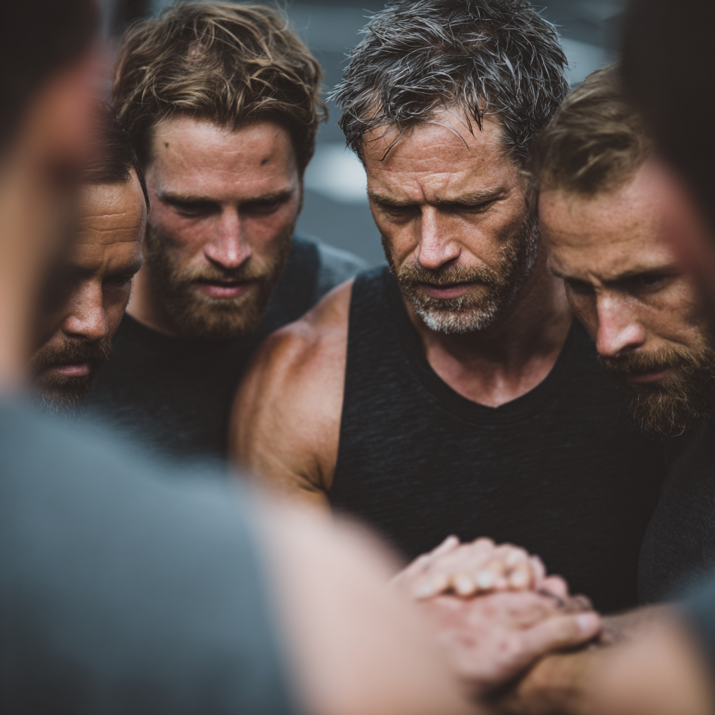 Group of motivated men supporting each other during challenging training session