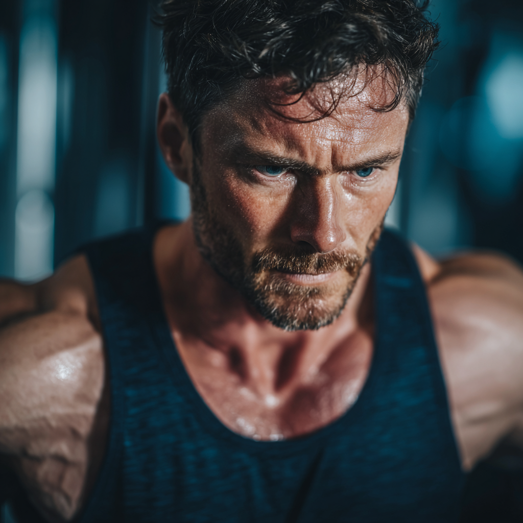 Strong focused man during intense workout session in modern gym environment