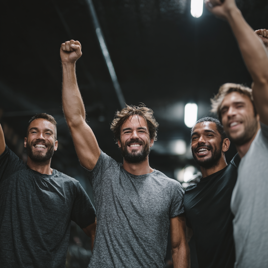 Diverse group of determined men celebrating achievement together in modern fitness environment